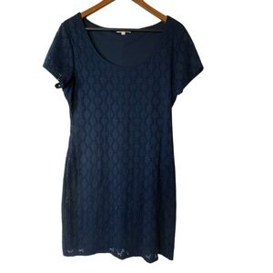 Isaac Mizrahi Dress Large Eyelet Lace Overlay Navy‎ Short Sleeve Lined